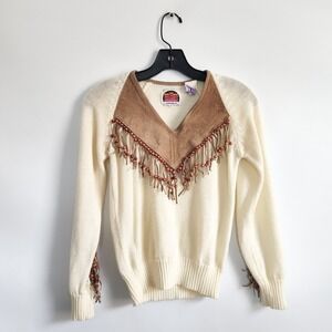 Miller Outerwear Vintage Sweater Small Western Fringe Beaded Suede Yoke Cream